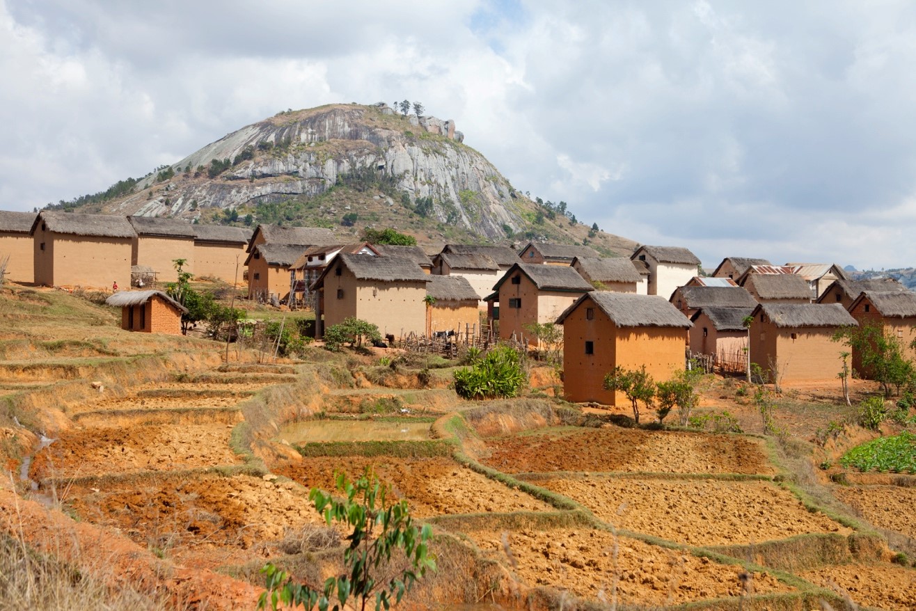 mud and clay houses built next to rice terraces in madagascar