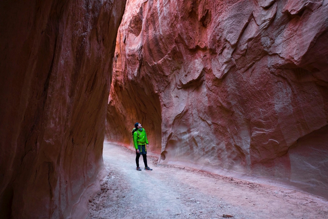 a hiker peers at the tall walls of dry fork narrows in Escalante National Monument