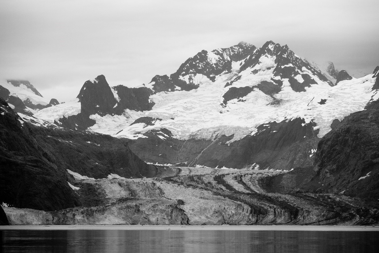 a stunning black and white photo of a glacial field in Alaska