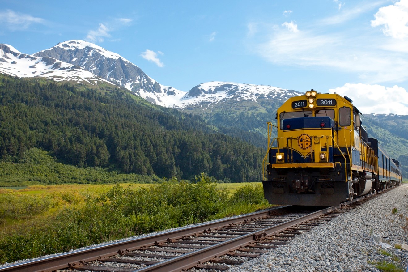 an alaska rail engine parked near the spencer glacier whistle stop in alaska