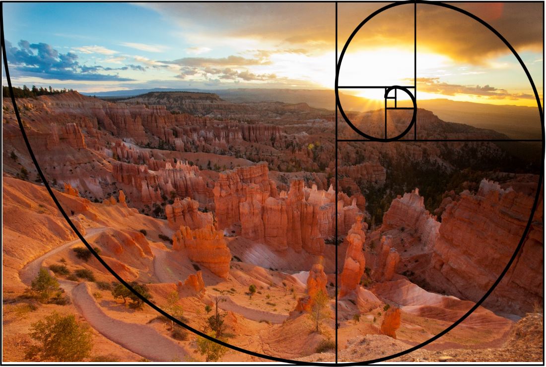 a photo of bryce canyon has a fibonacci spiral overlaied