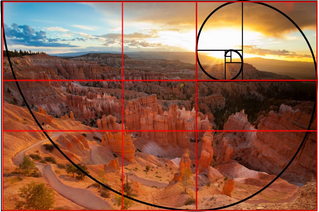 bryce canyon has a rule of thirds and fibonacci spiral to demonstrate composition in photography