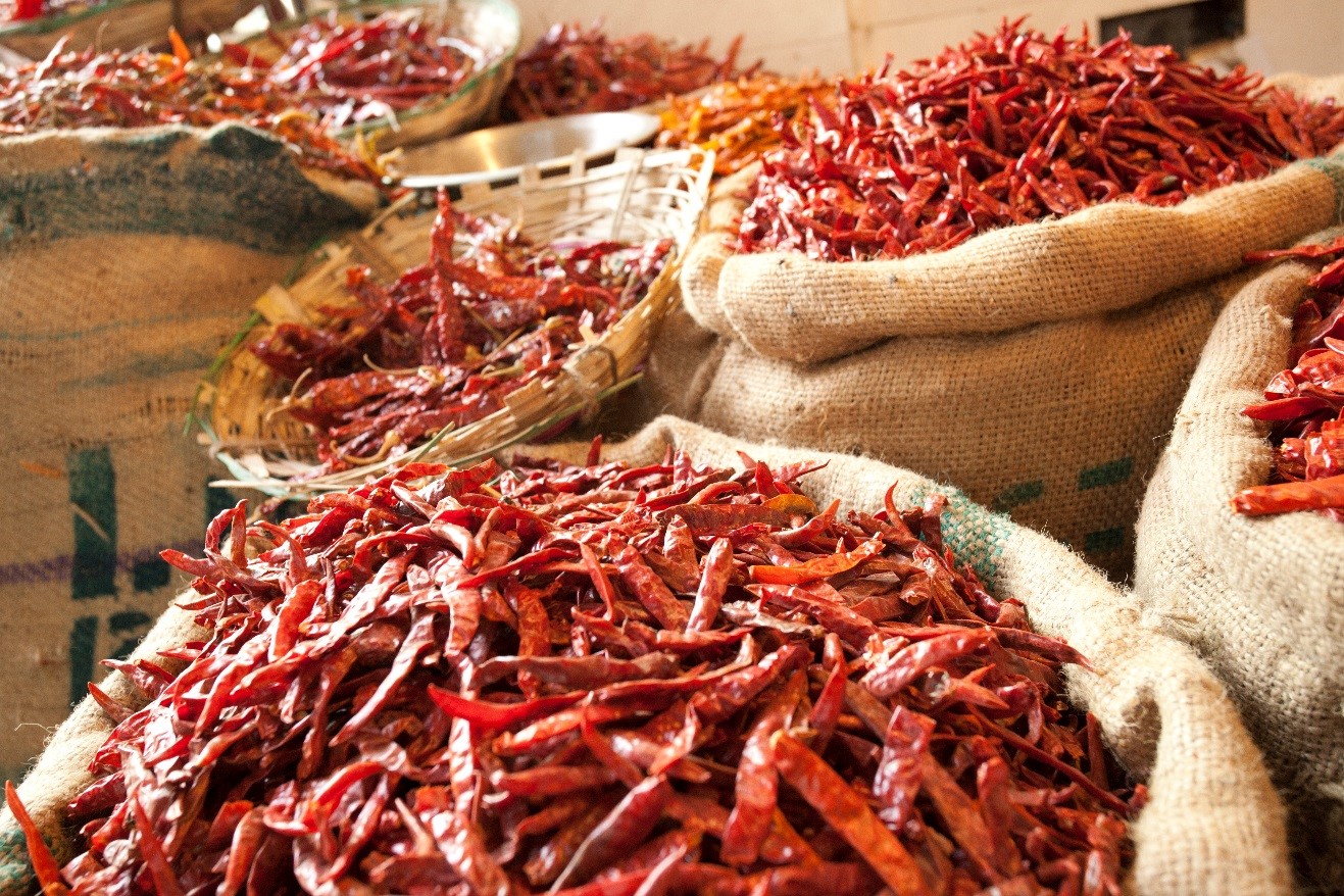 bushels of Chilis look fiery hot in a market in new delhi, india