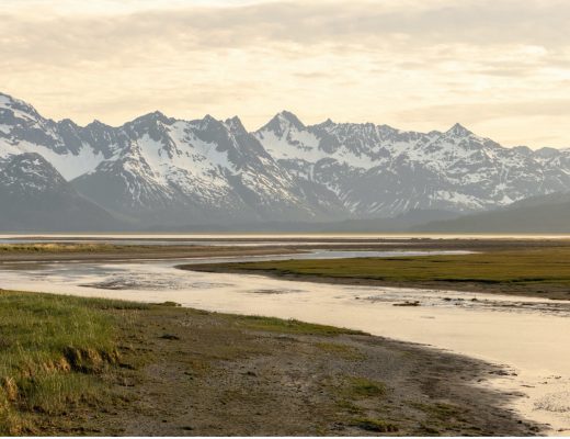 golden light shines on the mountains in Alaska