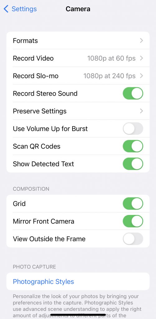 settings screen for how to turn on grid