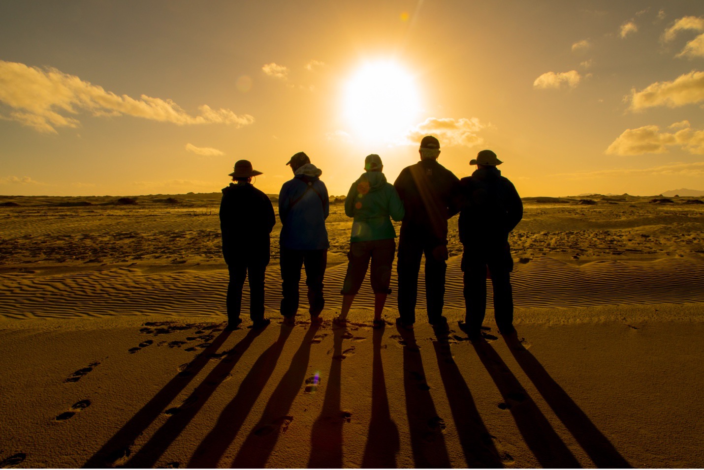 a line of travelers stand on the beach looking at the setting sun
