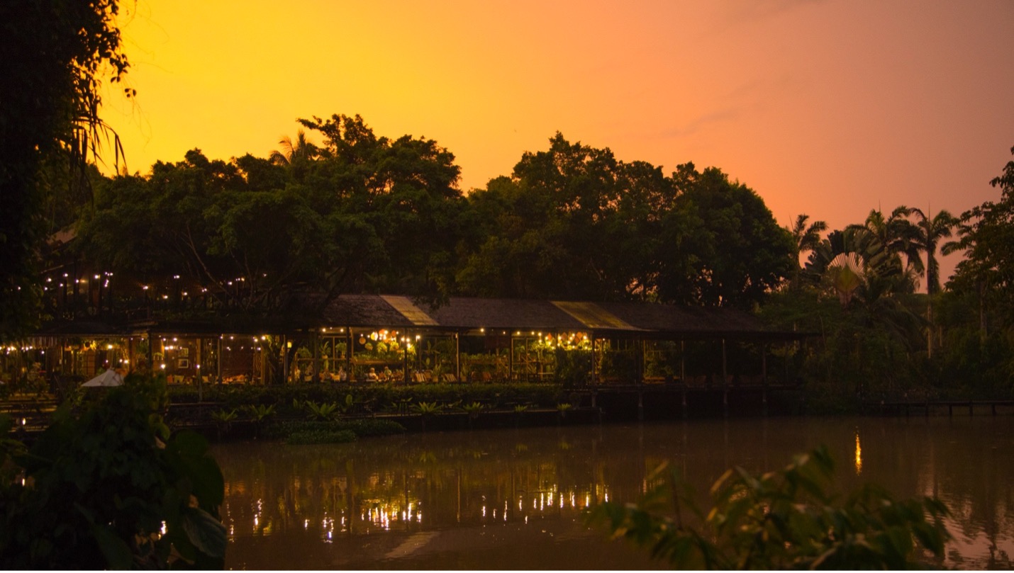 a golden sunset envelopes a jungle lodge in Borneo