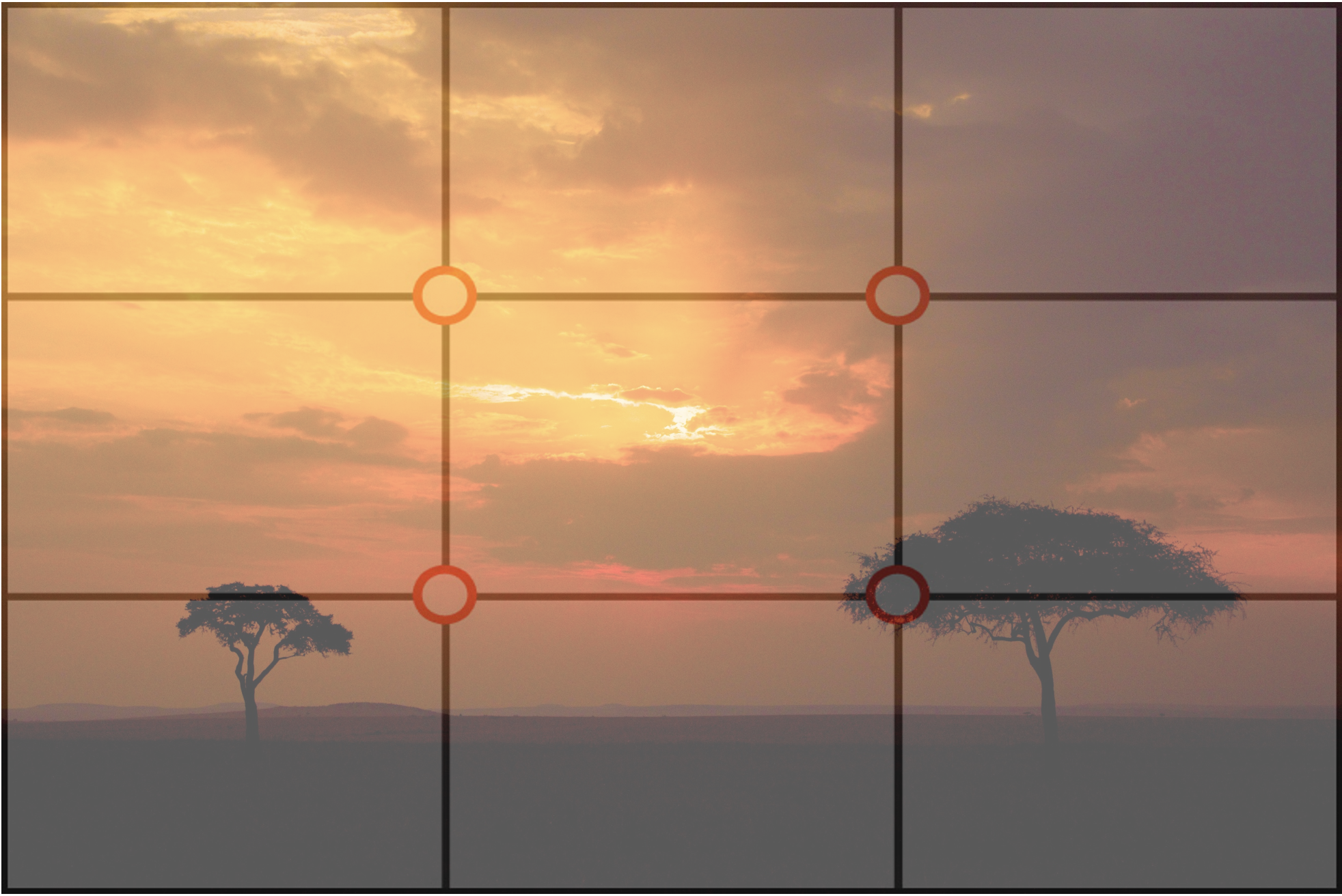 the rule of thirds grid over top of vibrant sunset