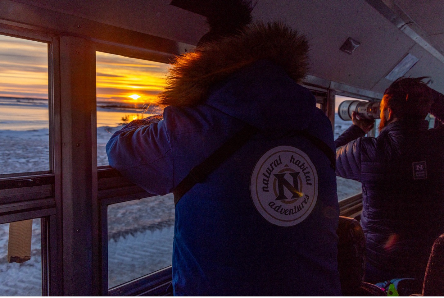 a traveler peers from the window to photograph the sunset