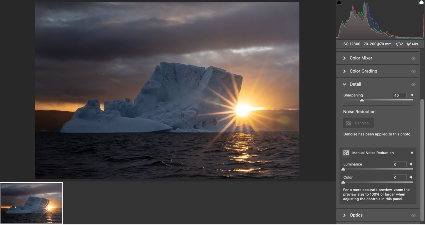 illustrating the denoise setting for a photo in Greenland