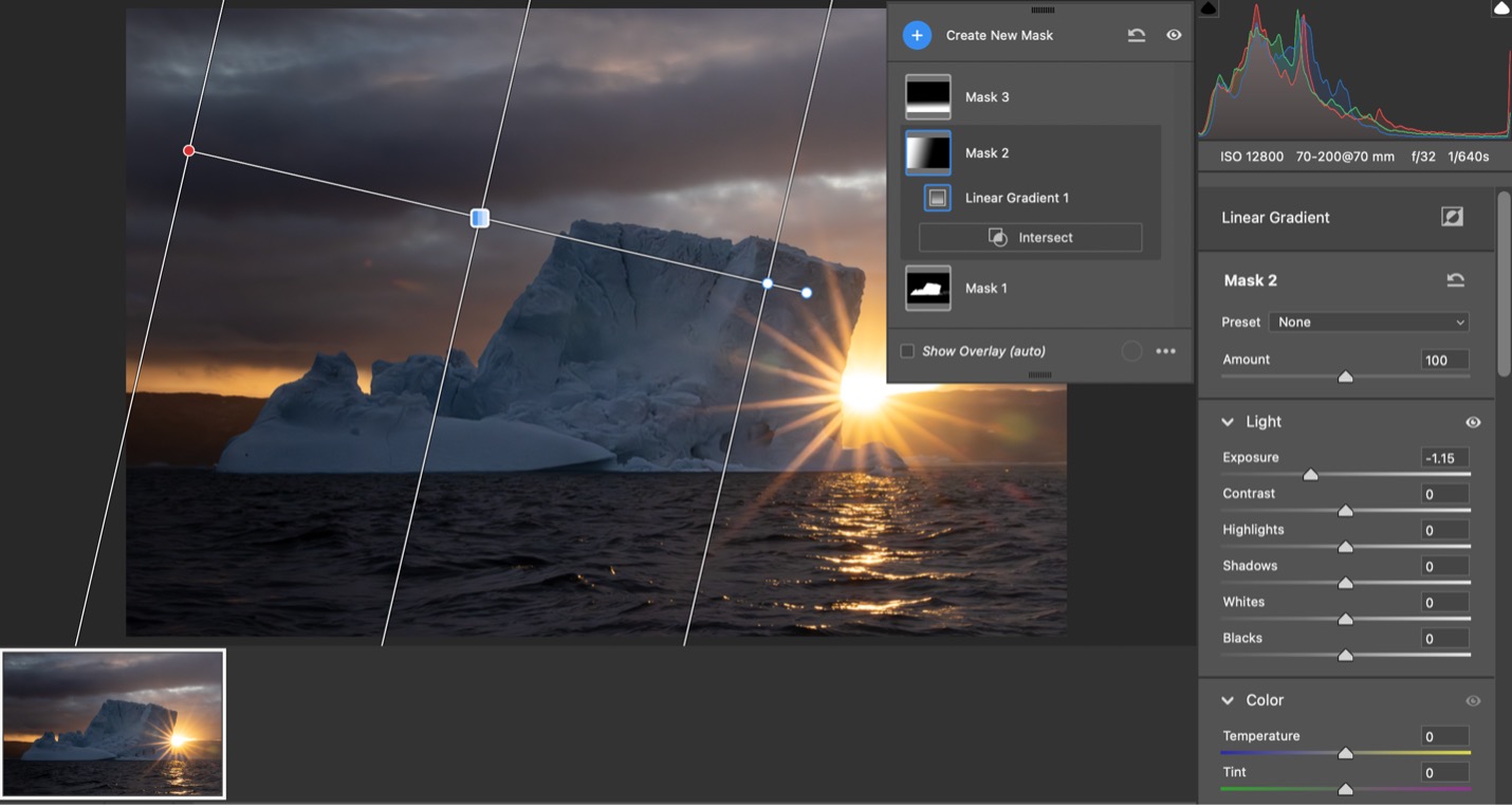 an editing frame with a gradient filter with iceberg and sunburst in Greenland